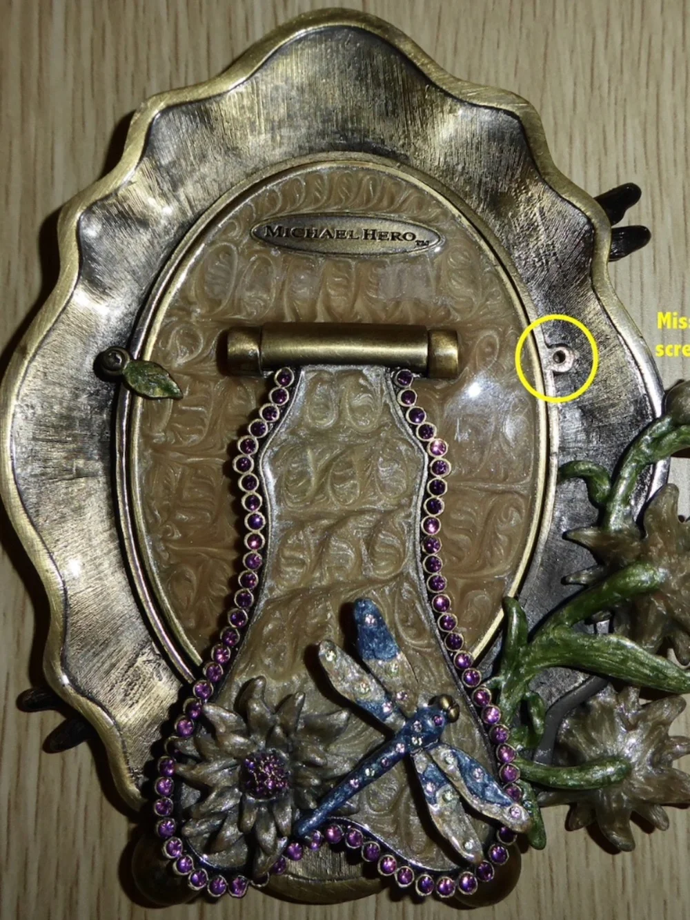 Michael Hero Photo Frame Dragonfly Floral Enamel Swarovski Crystals 5.5